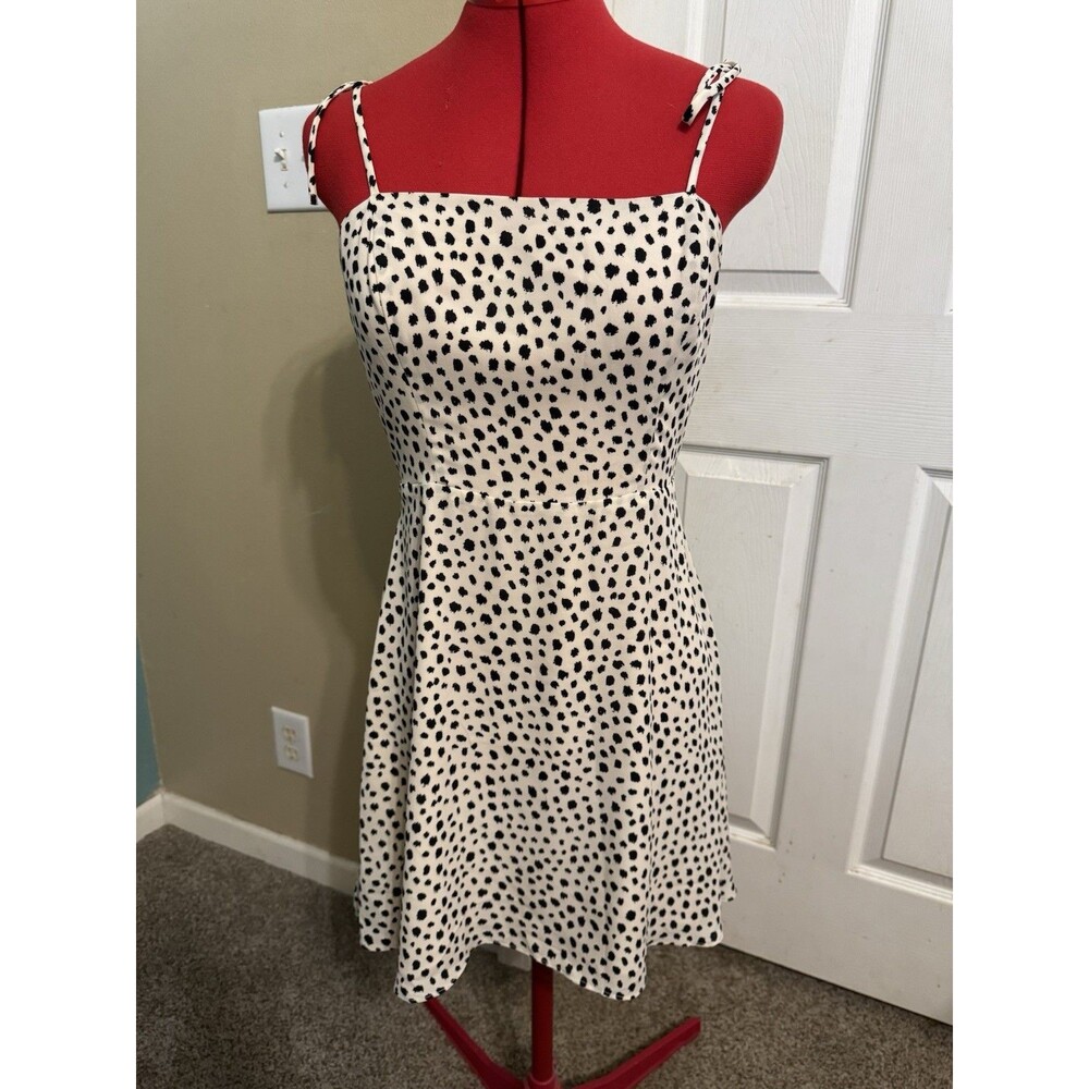 Lola Grace Polka Dot Mini Dress M Tie Strap Smocked Back Fit Flare Black White